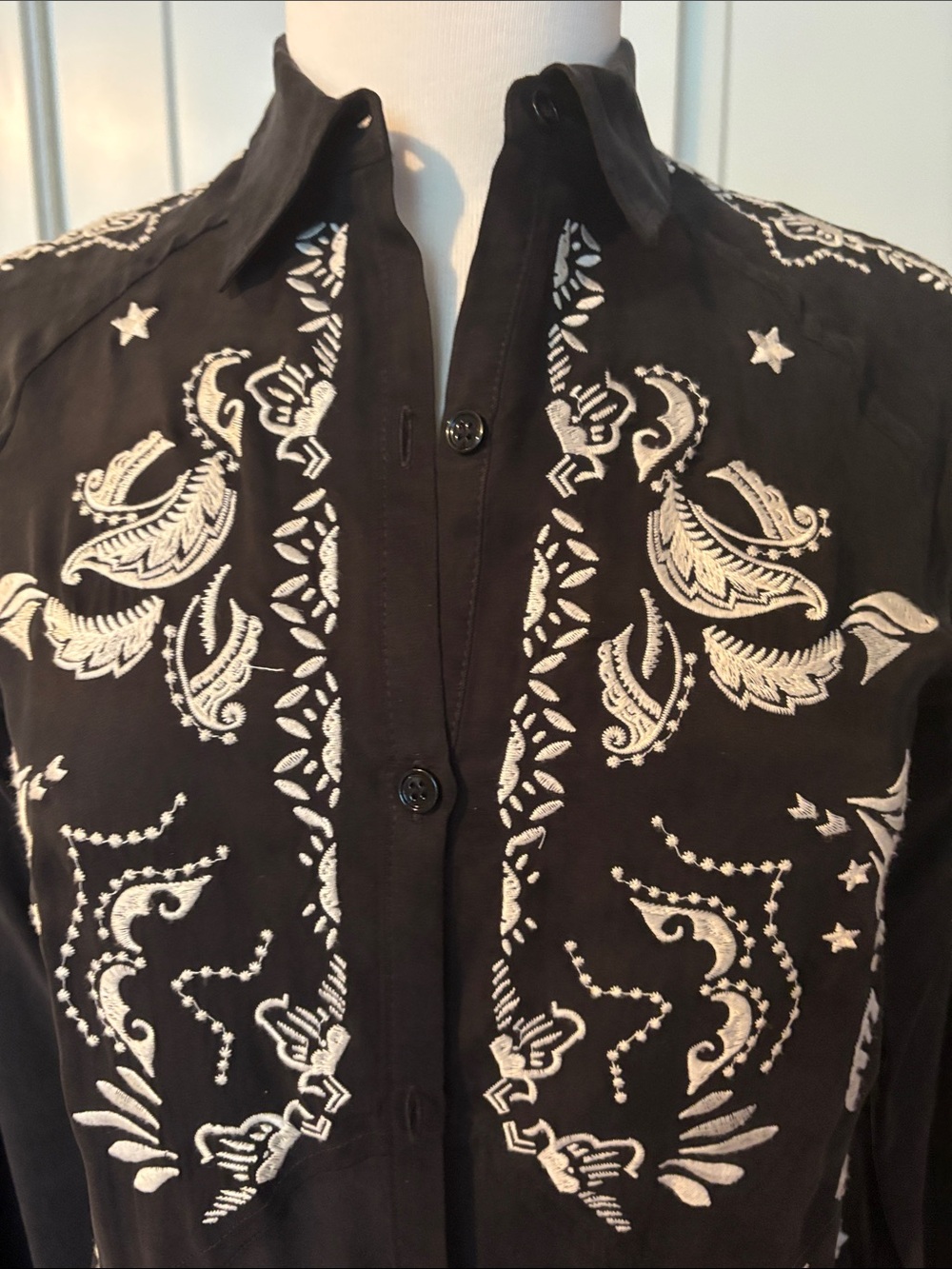 Odd Molly Black Long-Sleeve Embroidered Shirt Dress w/ White Motifs & open back. - Picture 2 of 11